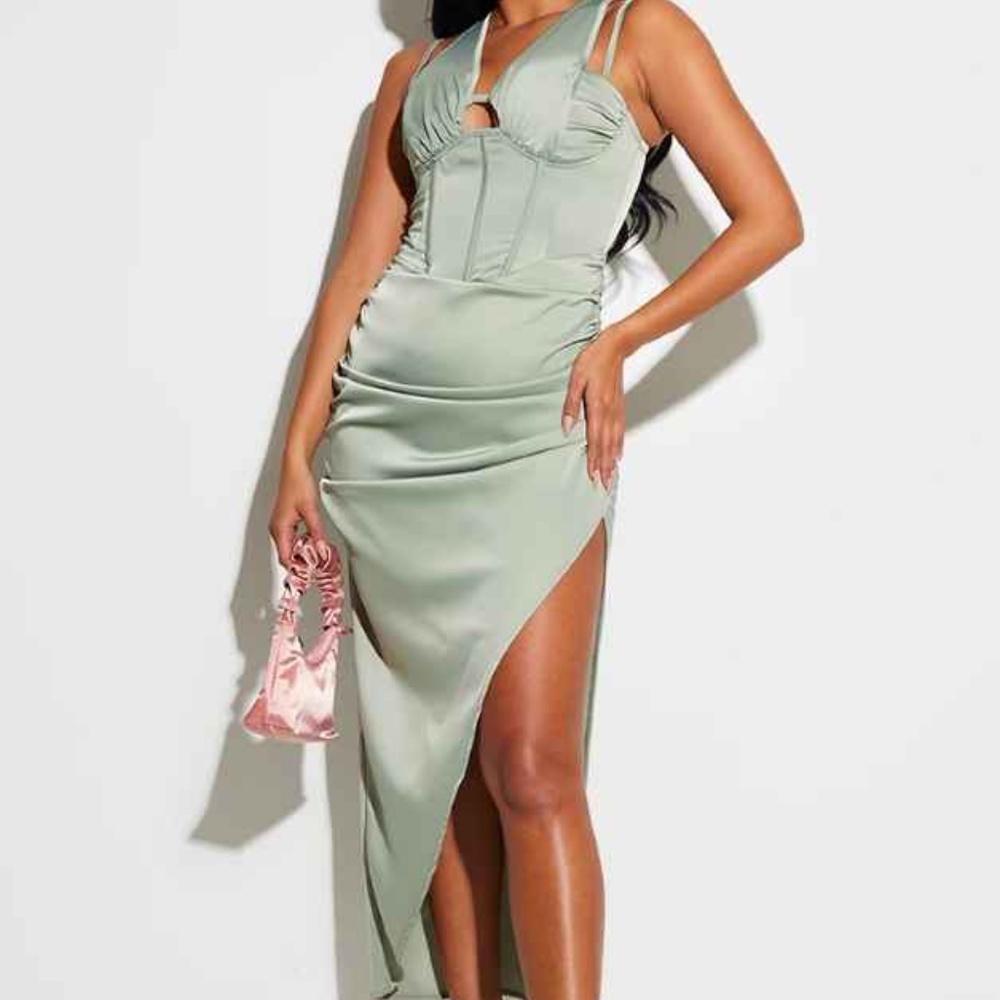 Sage Green Satin Cross Back Ruched Corset Midi Dress